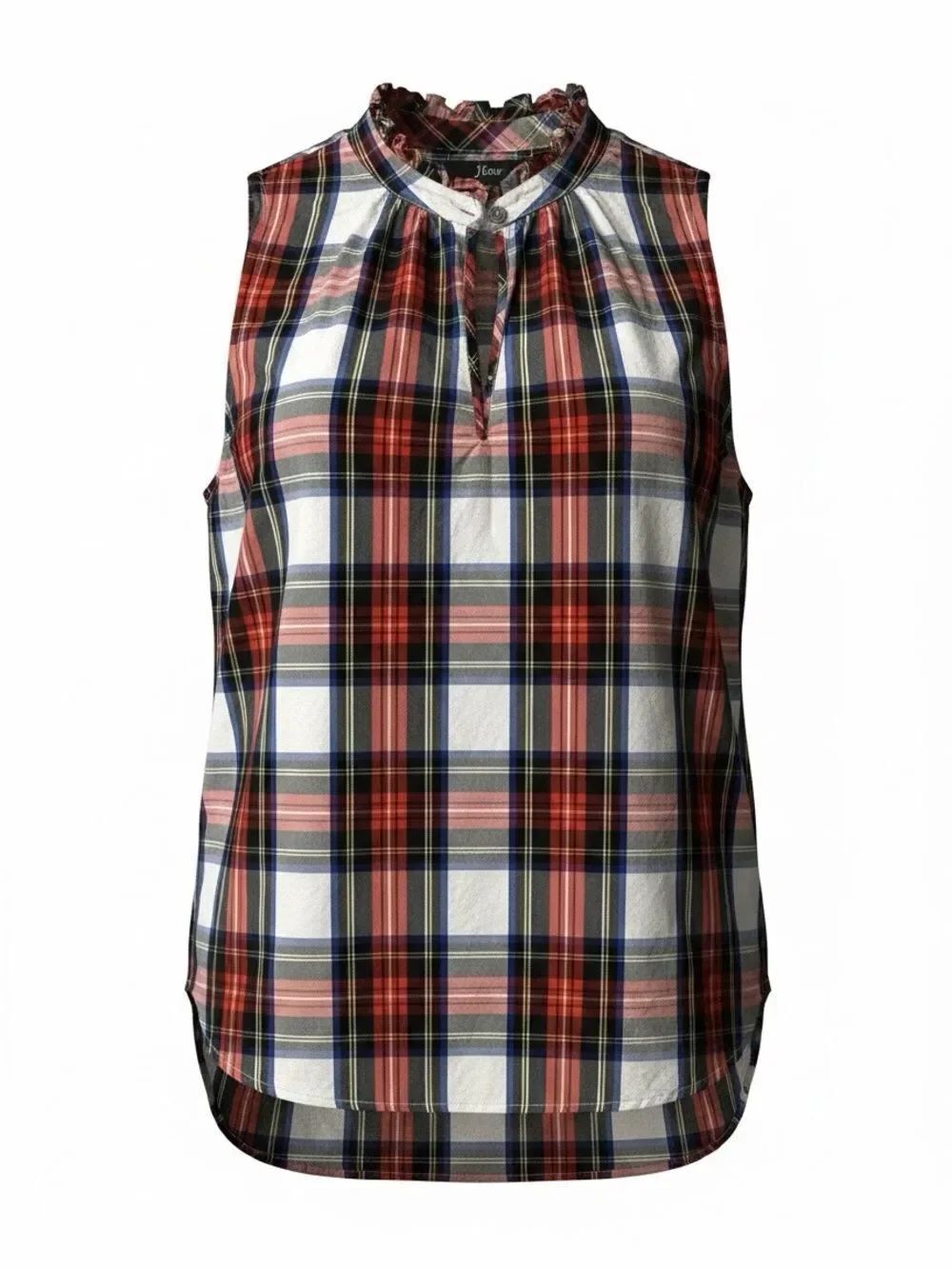 J. Crew women’s Red Navy White Plaid Ruffle Neck Sleeveless Top size 4